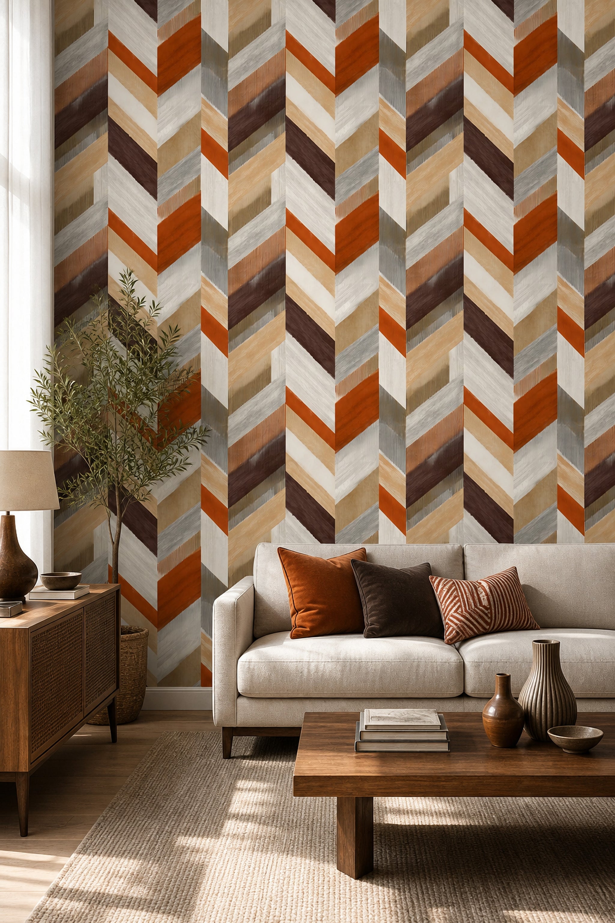 Geometrik Şeritli Duvar Kağıdı Turuncu Bej Salon Deseni
