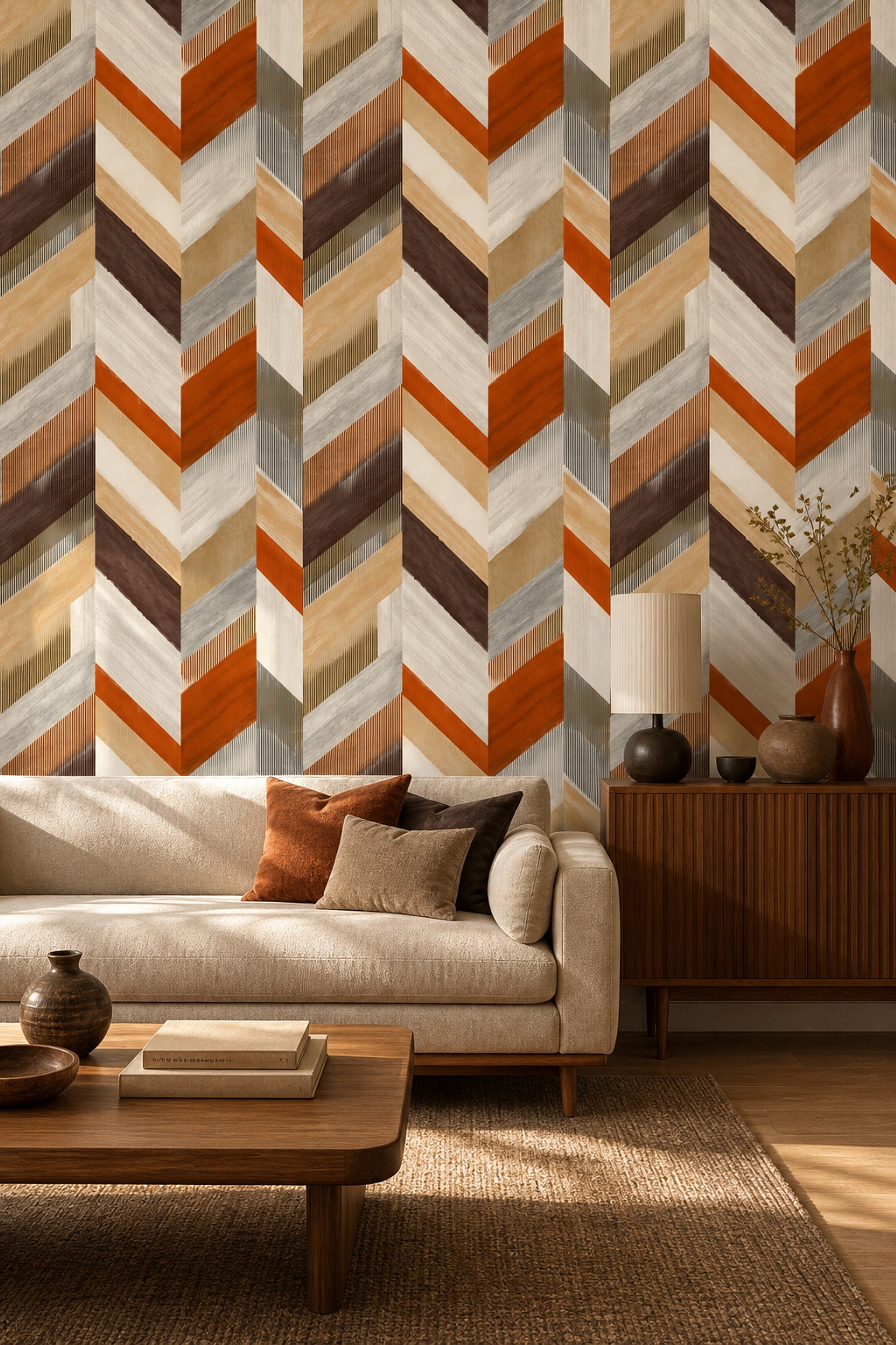 Geometrik Şeritli Duvar Kağıdı Turuncu Bej Salon Deseni