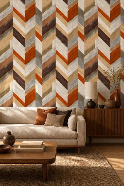 Geometrik Şeritli Duvar Kağıdı Turuncu Bej Salon Deseni