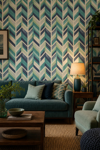Geometrik Zikzak Desenli Duvar Kağıdı Yeşil Lacivert Salon