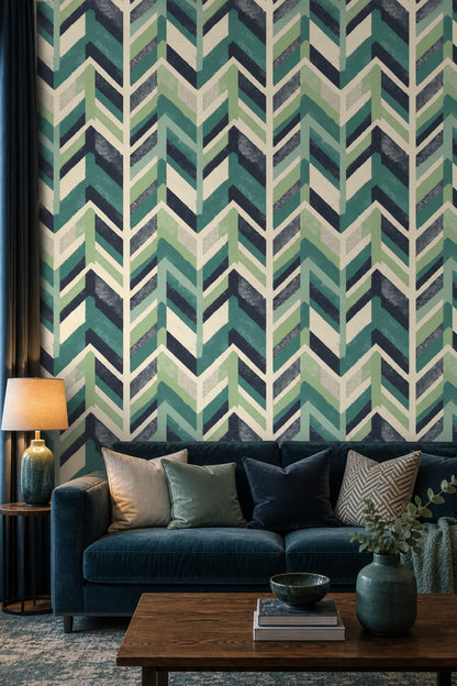 Geometrik Zikzak Desenli Duvar Kağıdı Yeşil Lacivert Salon