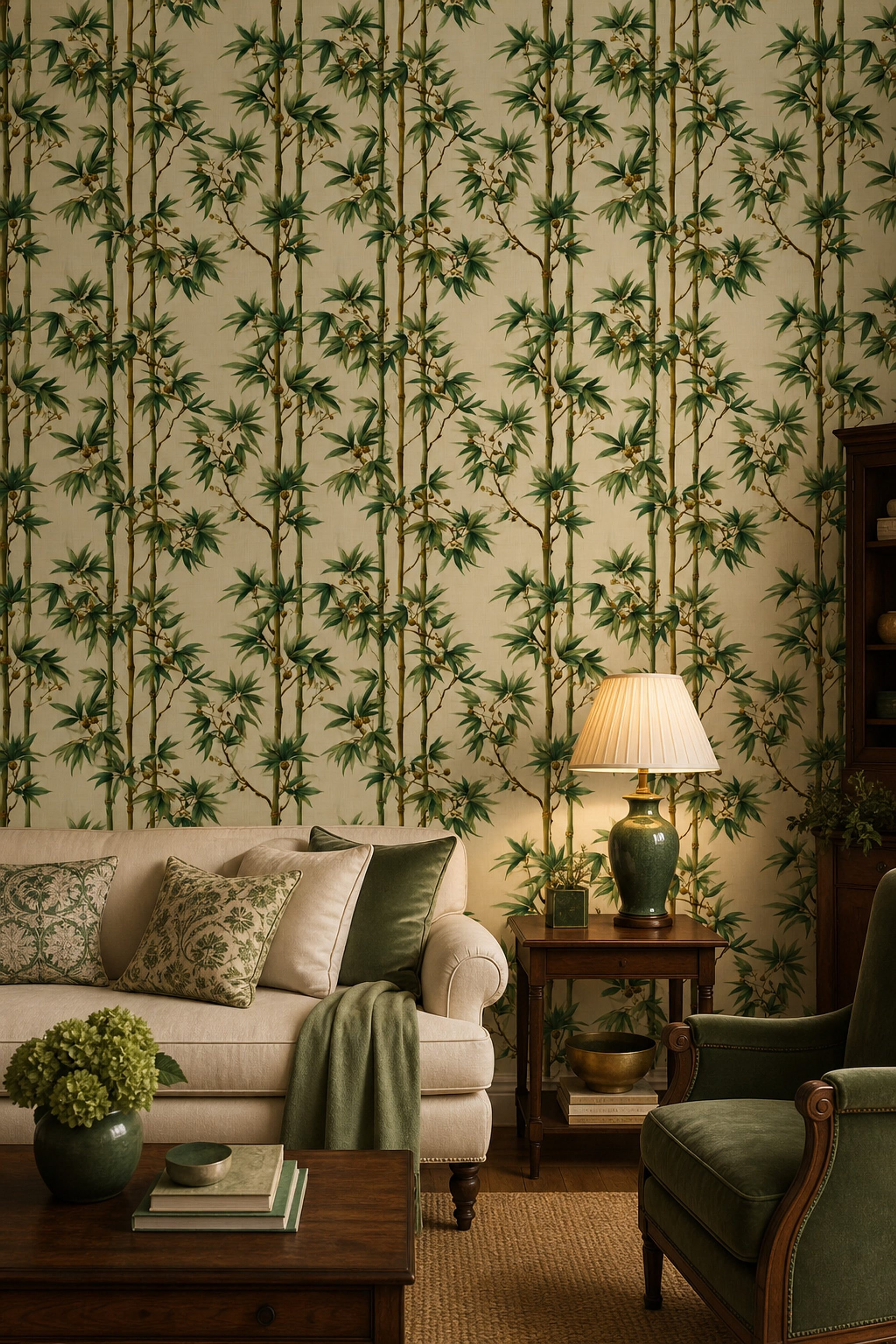 Bambu Desenli Duvar Kağıdı Yeşil Bej Salon Dekoru