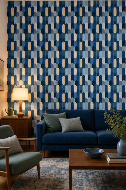 Geometrik Oval Desenli Duvar Kağıdı Lacivert Mavi Salon