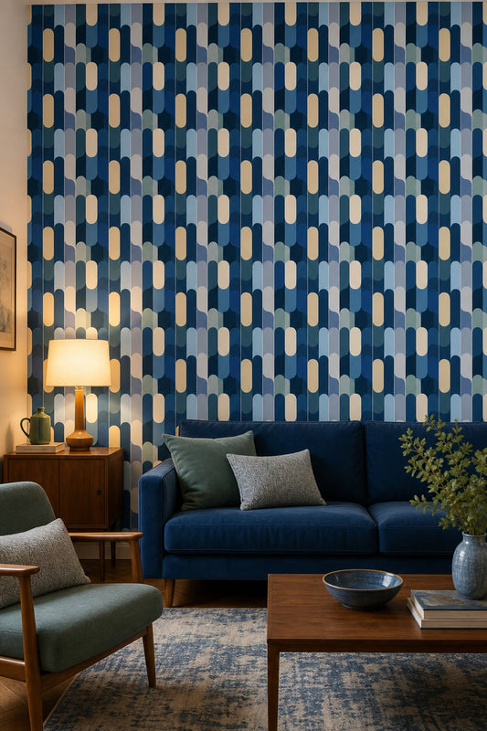 Geometrik Oval Desenli Duvar Kağıdı Lacivert Mavi Salon