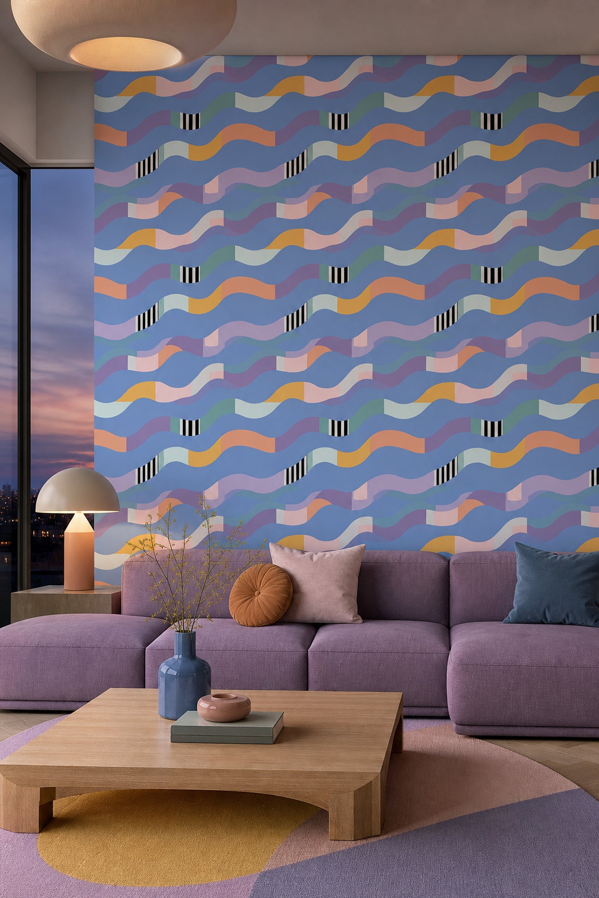 Pastel Dalga Desenli Duvar Kağıdı Mavi Lila Salon