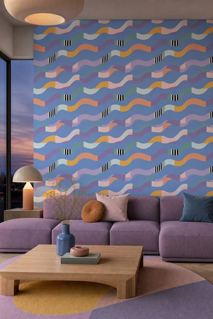 Pastel Dalga Desenli Duvar Kağıdı Mavi Lila Salon