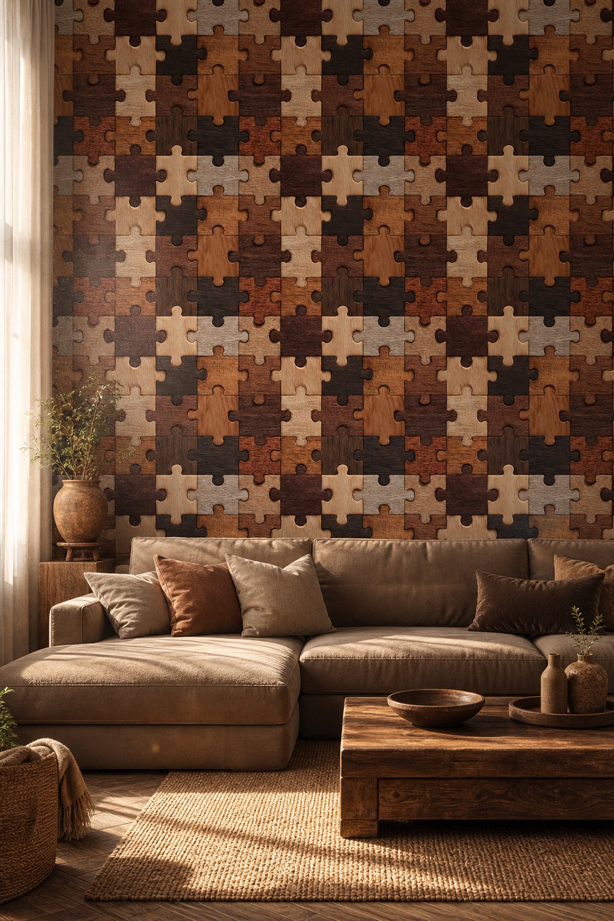Ahşap Puzzle Desenli Duvar Kağıdı Kahverengi Salon Duvarı