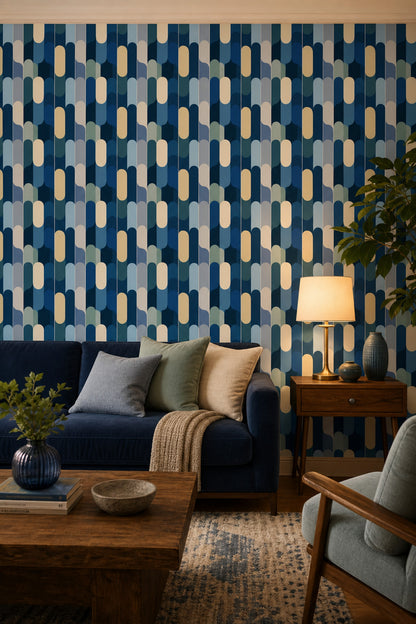 Geometrik Oval Desenli Duvar Kağıdı Lacivert Mavi Salon