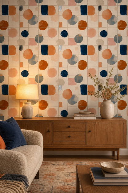 Geometrik Şekilli Duvar Kağıdı Turuncu Lacivert Modern Salon
