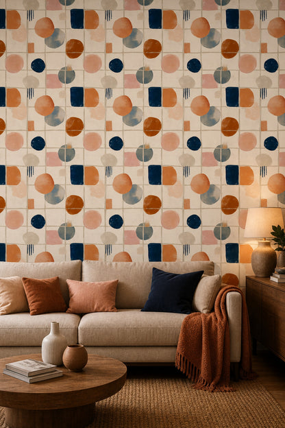 Geometrik Şekilli Duvar Kağıdı Turuncu Lacivert Modern Salon
