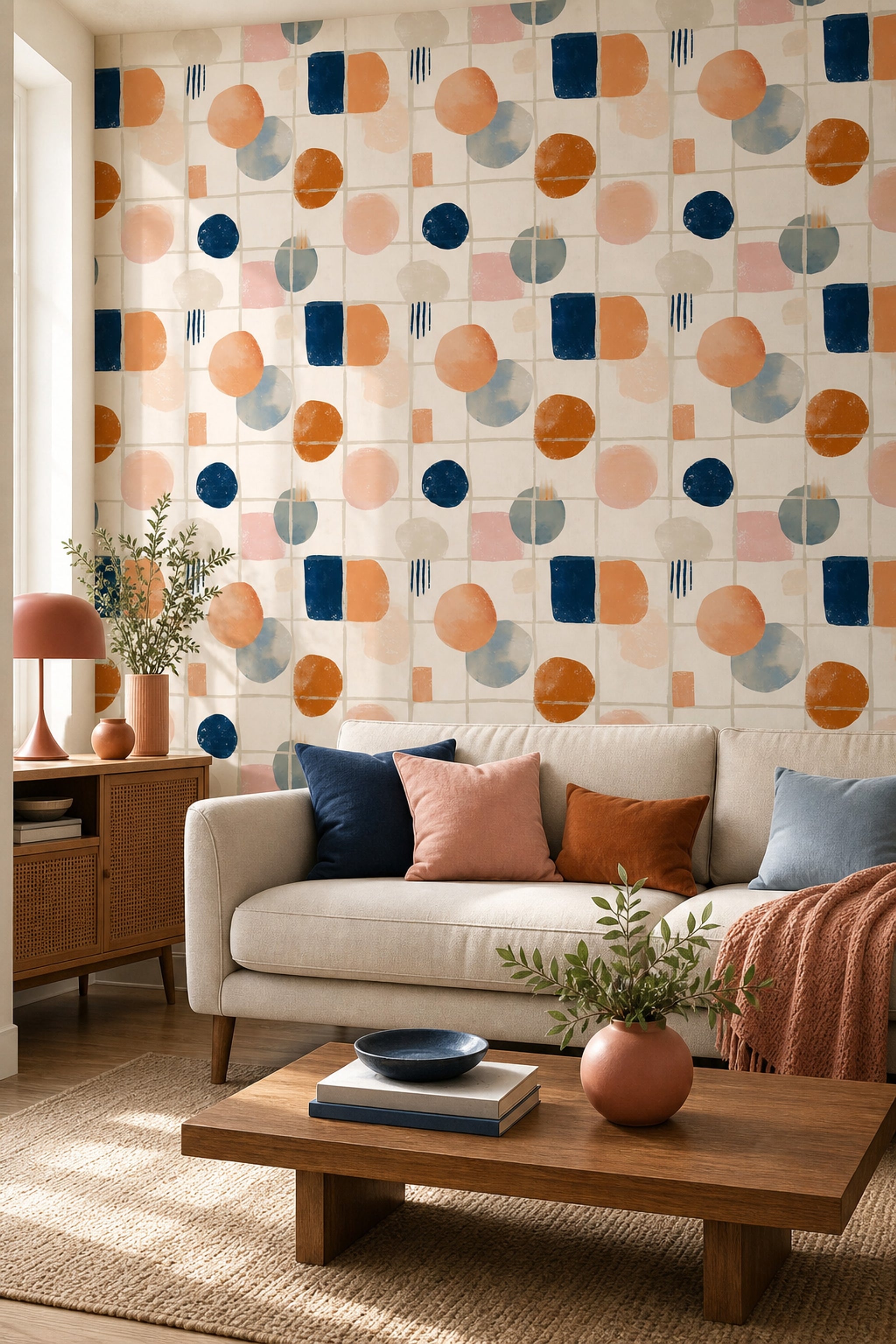 Geometrik Şekilli Duvar Kağıdı Turuncu Lacivert Modern Salon