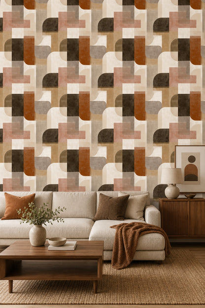 Retro Geometrik Duvar Kağıdı Bej Kahve Desenli Salon