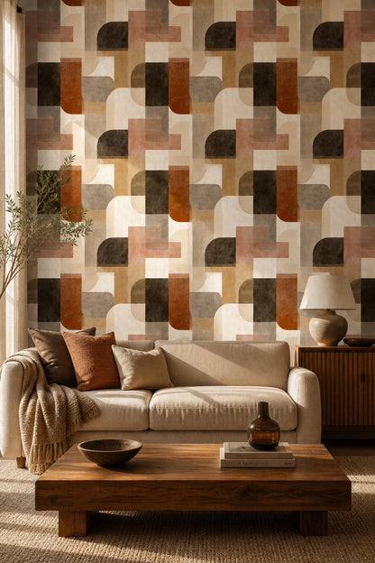 Retro Geometrik Duvar Kağıdı Bej Kahve Desenli Salon