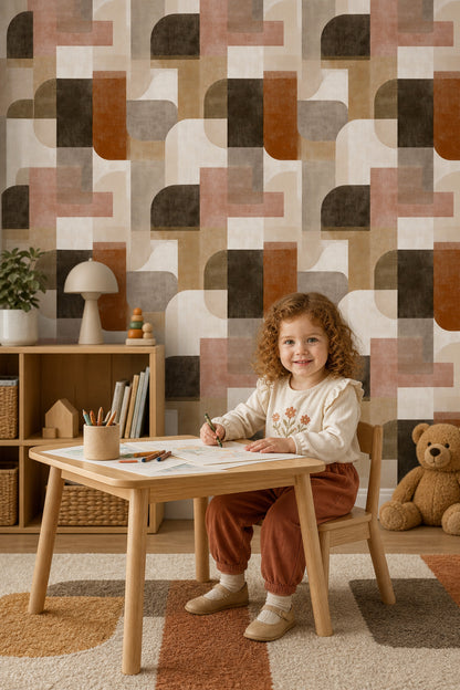 Retro Geometrik Duvar Kağıdı Bej Kahve Desenli Salon