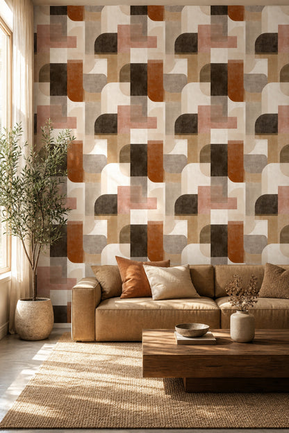 Retro Geometrik Duvar Kağıdı Bej Kahve Desenli Salon
