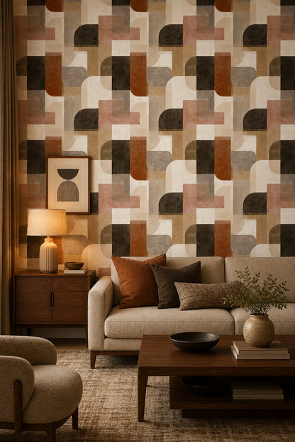 Retro Geometrik Duvar Kağıdı Bej Kahve Desenli Salon