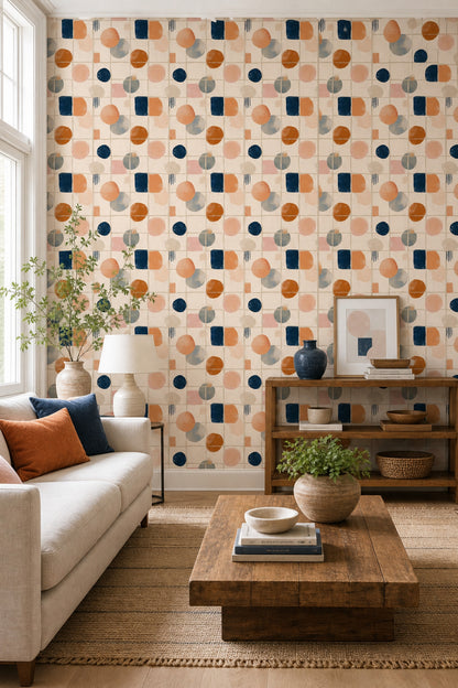 Geometrik Şekilli Duvar Kağıdı Turuncu Lacivert Modern Salon
