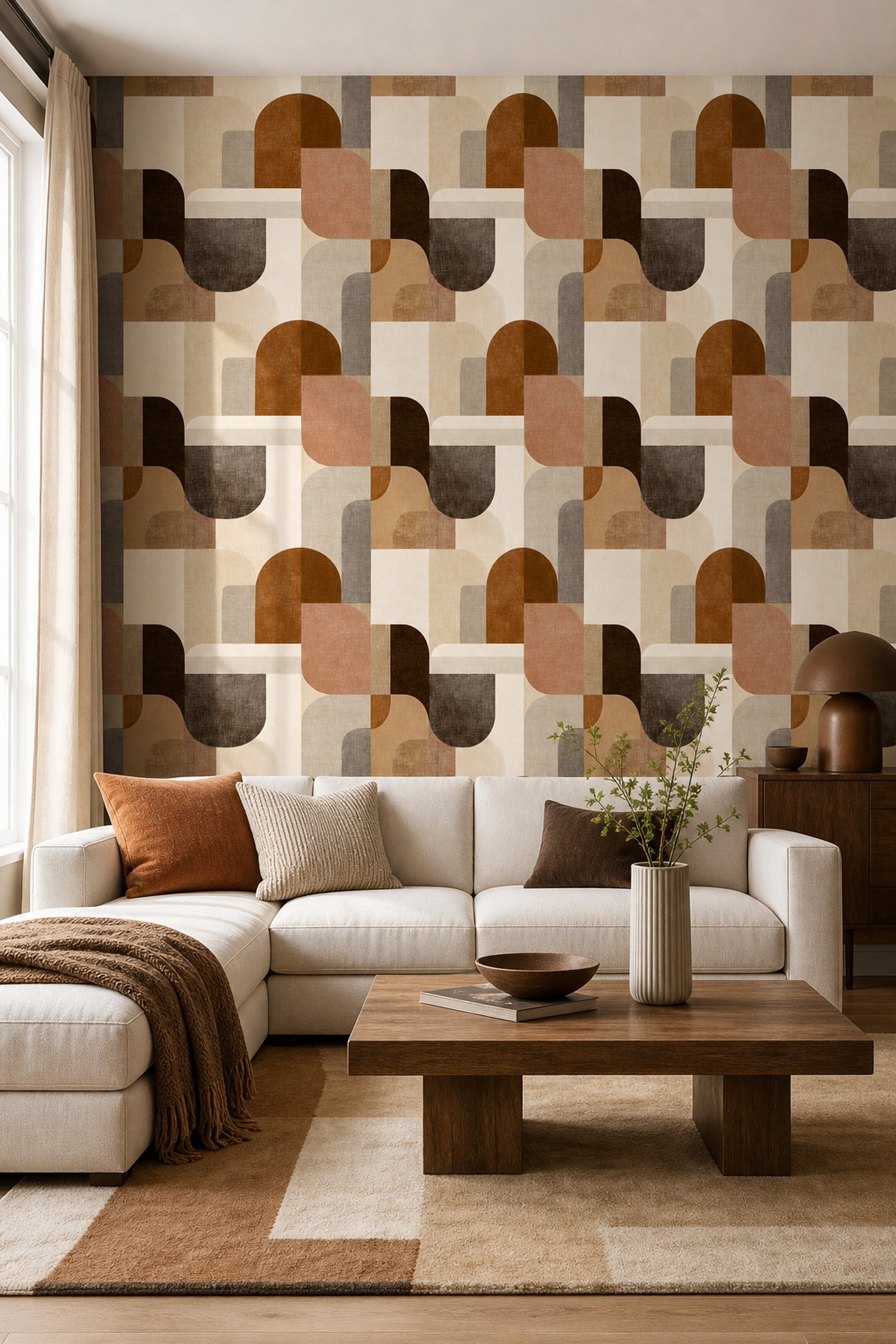 Soyut Geometrik Duvar Kağıdı Kiremit Bej Modern Salon