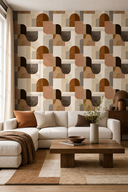 Soyut Geometrik Duvar Kağıdı Kiremit Bej Modern Salon