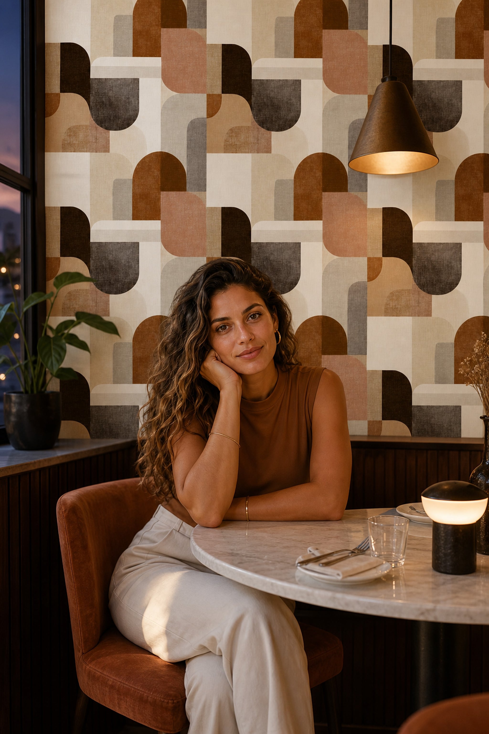 Soyut Geometrik Duvar Kağıdı Kiremit Bej Modern Salon