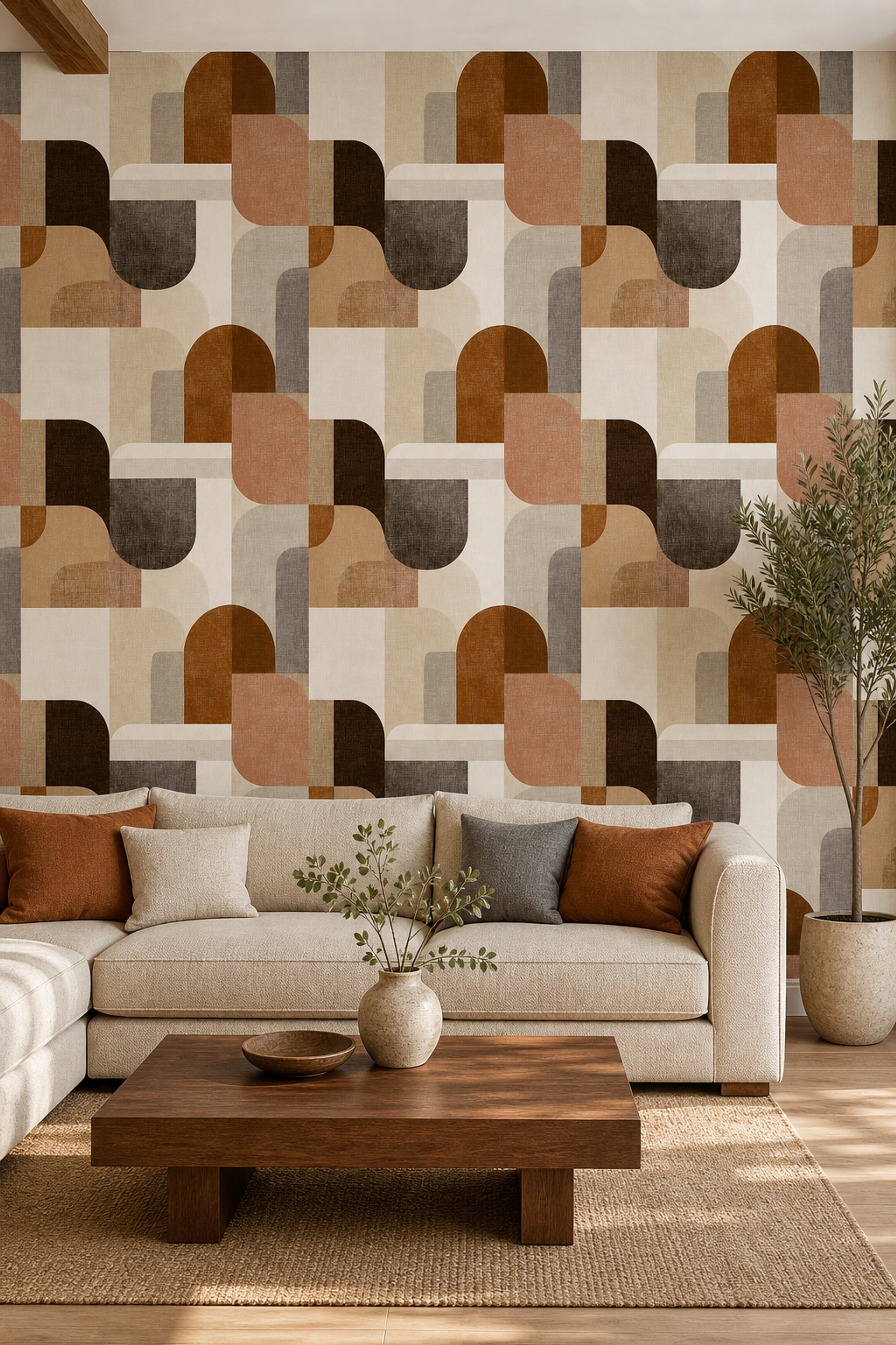 Soyut Geometrik Duvar Kağıdı Kiremit Bej Modern Salon