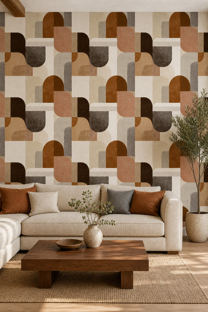 Soyut Geometrik Duvar Kağıdı Kiremit Bej Modern Salon