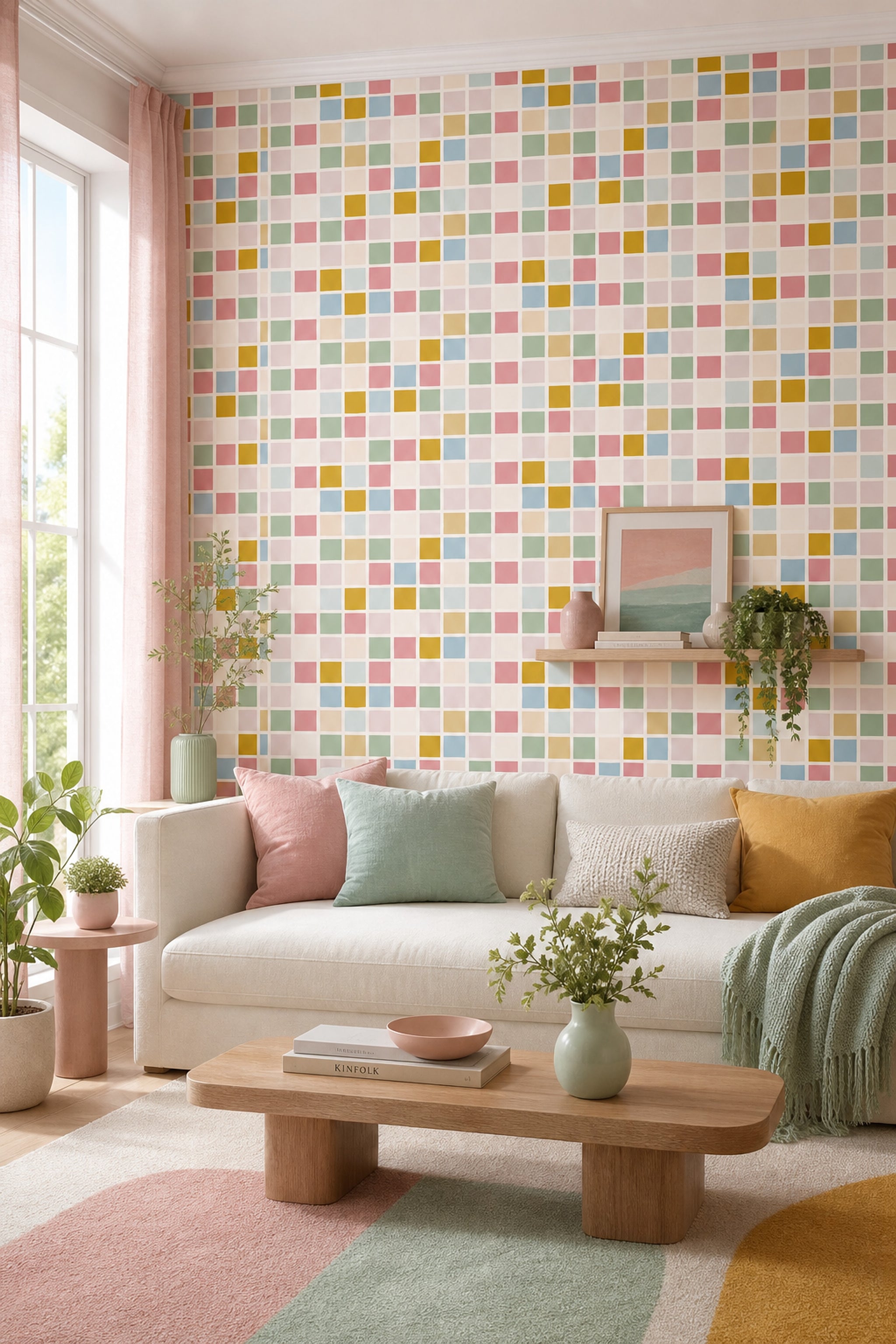 Pastel Renkli Kare Mozaik Duvar Kağıdı Modern Salon