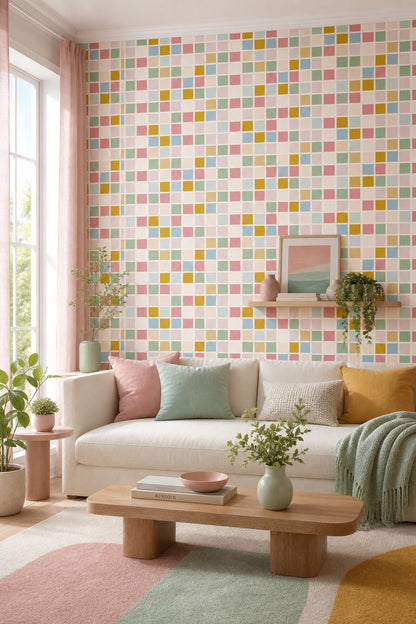Pastel Renkli Kare Mozaik Duvar Kağıdı Modern Salon