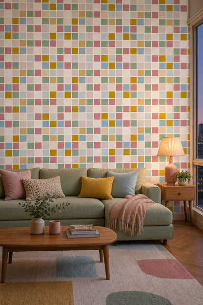 Pastel Renkli Kare Mozaik Duvar Kağıdı Modern Salon