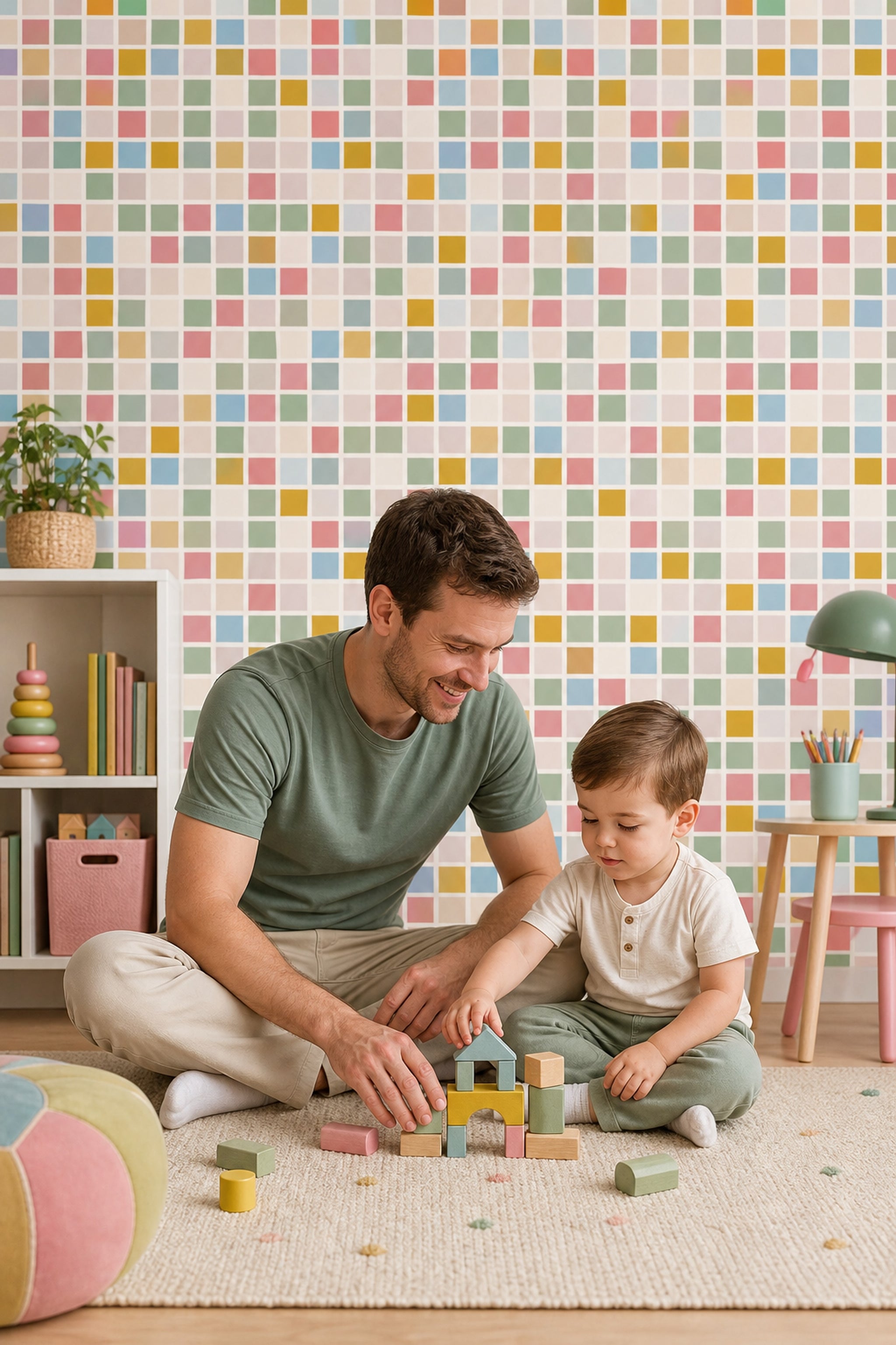 Pastel Renkli Kare Mozaik Duvar Kağıdı Modern Salon