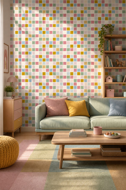 Pastel Renkli Kare Mozaik Duvar Kağıdı Modern Salon