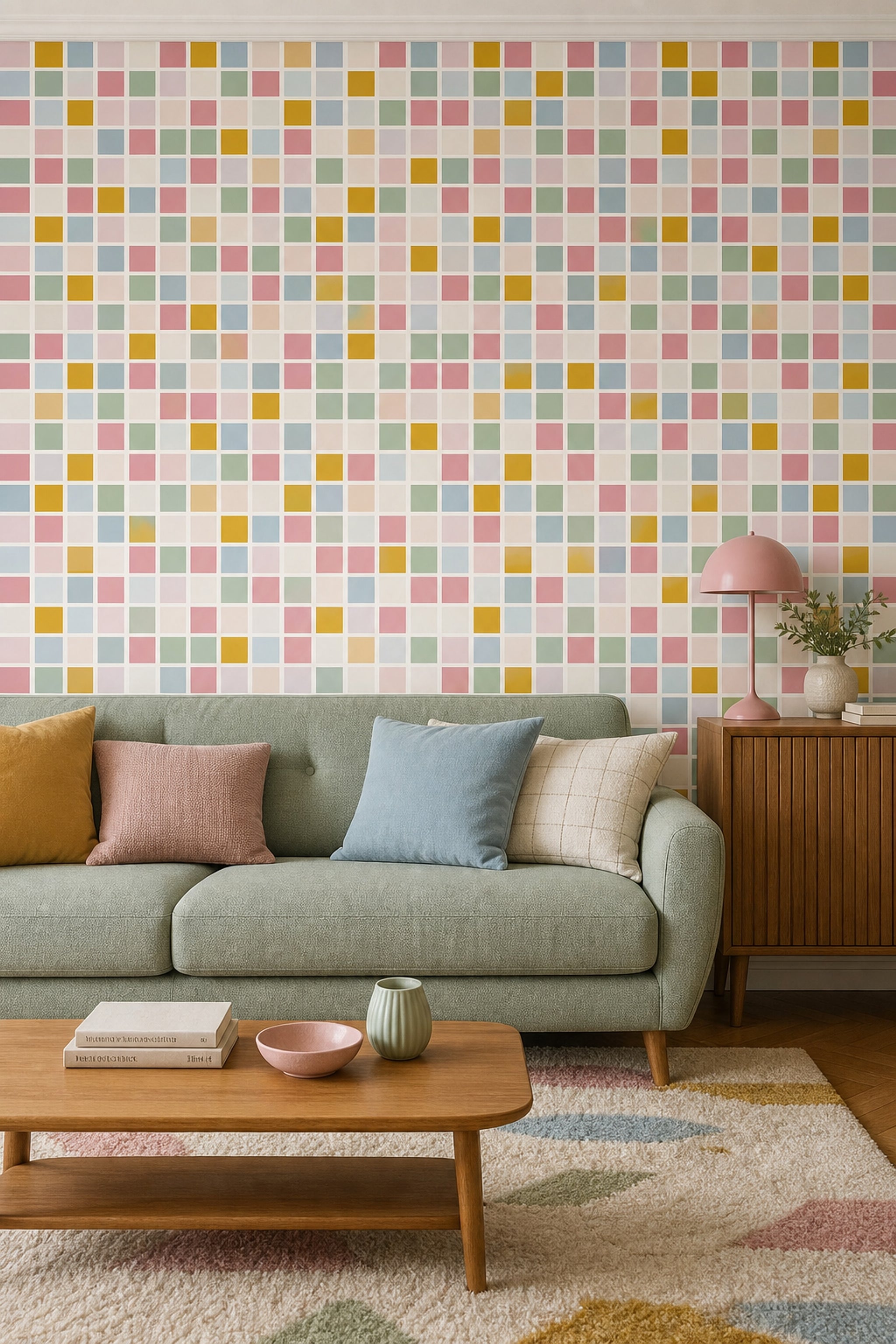 Pastel Renkli Kare Mozaik Duvar Kağıdı Modern Salon