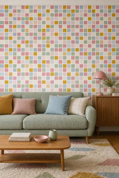 Pastel Renkli Kare Mozaik Duvar Kağıdı Modern Salon