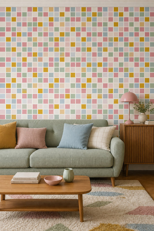 Pastel Renkli Kare Mozaik Duvar Kağıdı Modern Salon