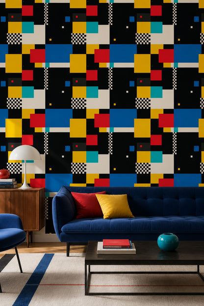 Renkli Geometrik Duvar Kağıdı Modern Blok Desenli Salon