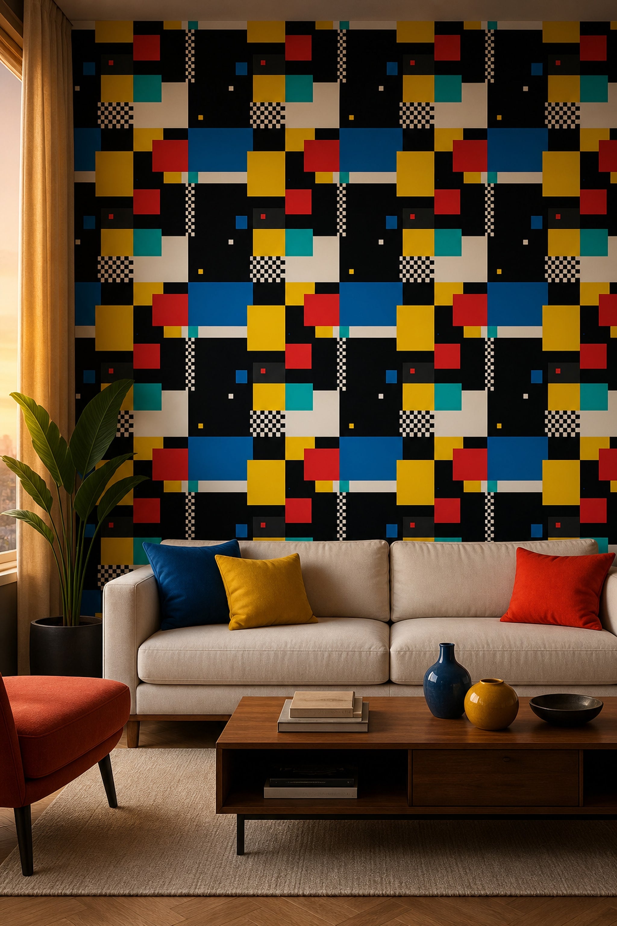 Renkli Geometrik Duvar Kağıdı Modern Blok Desenli Salon
