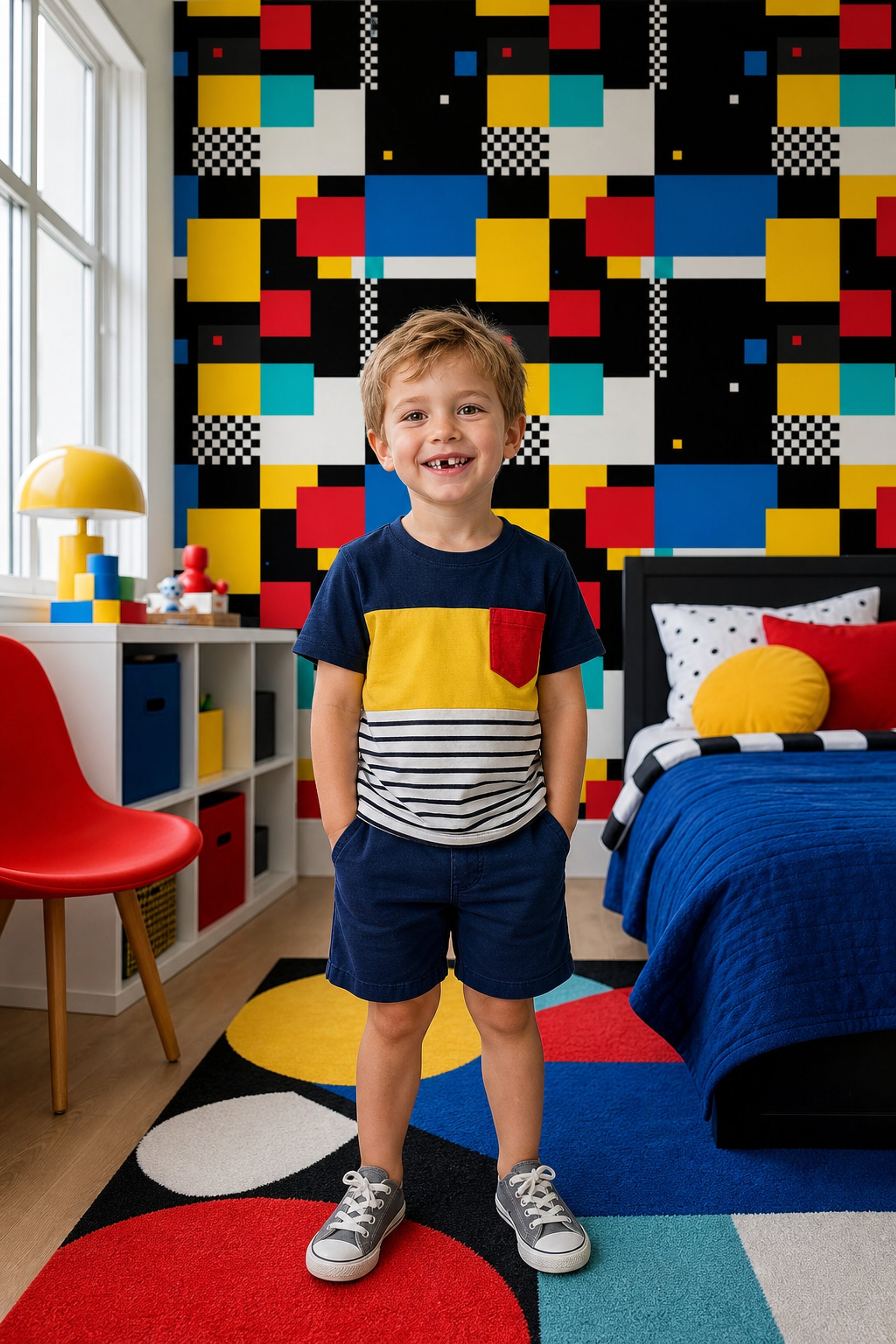 Renkli Geometrik Duvar Kağıdı Modern Blok Desenli Salon