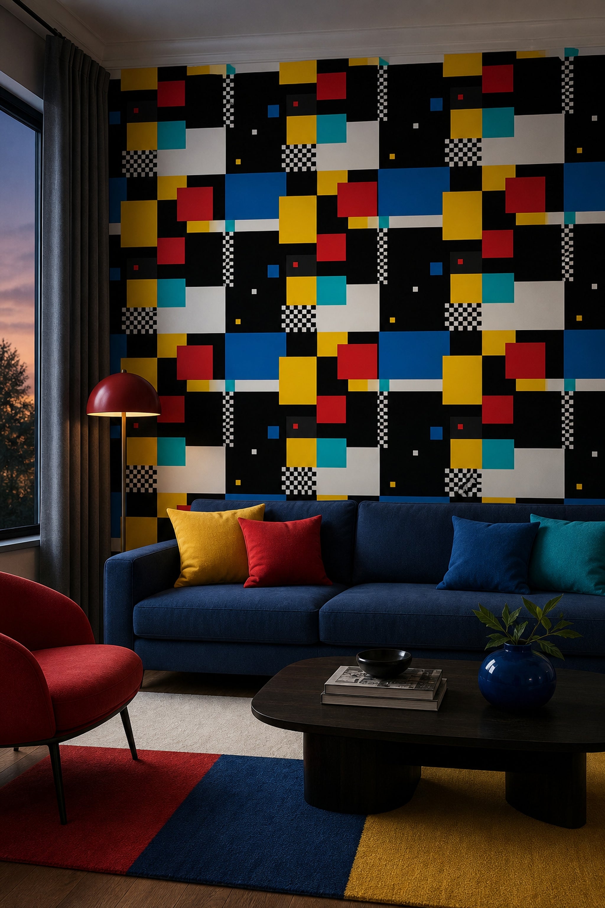 Renkli Geometrik Duvar Kağıdı Modern Blok Desenli Salon