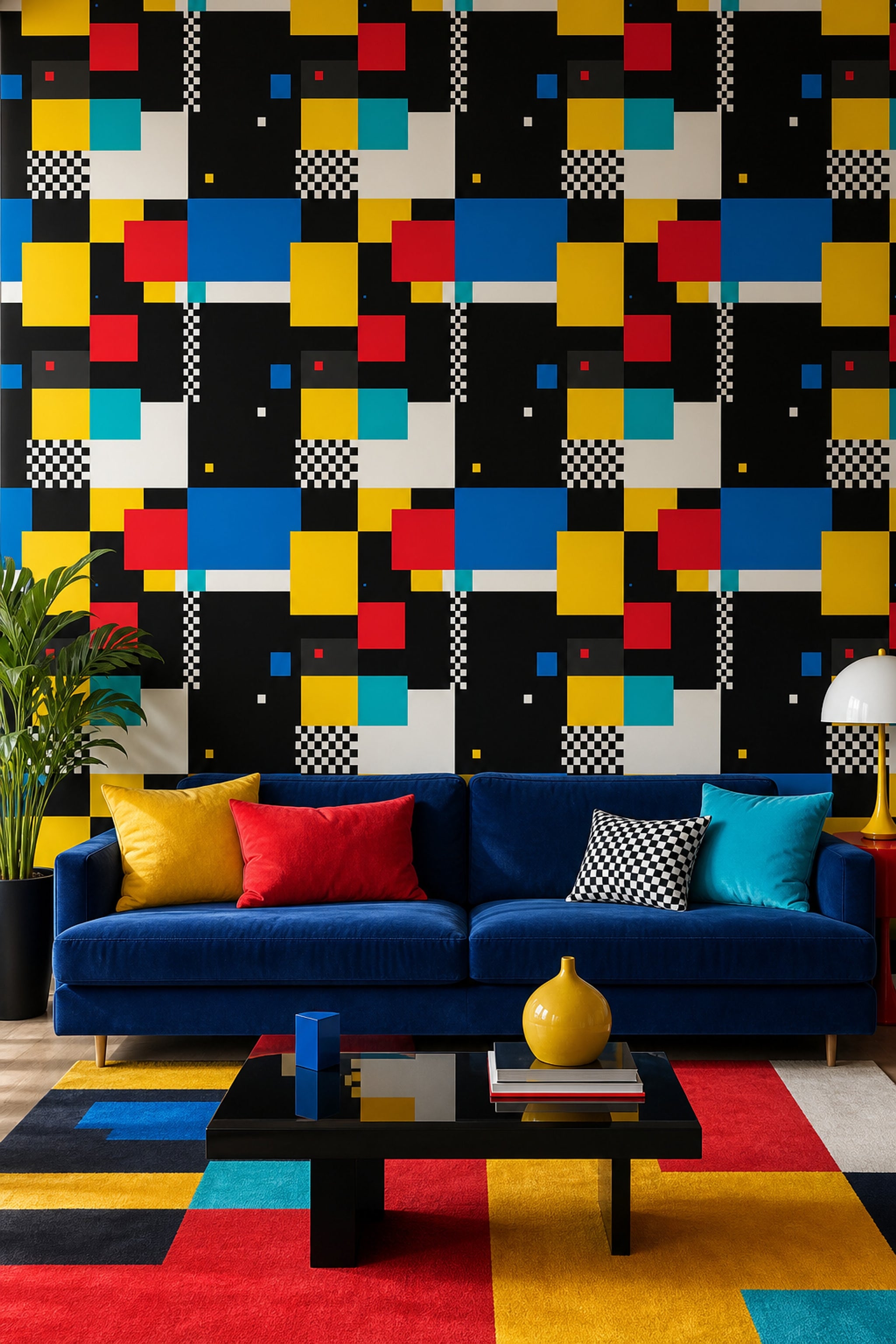 Renkli Geometrik Duvar Kağıdı Modern Blok Desenli Salon