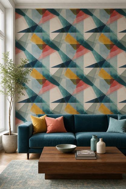 Soyut Geometrik Duvar Kağıdı Turkuaz Hardal Desenli Salon