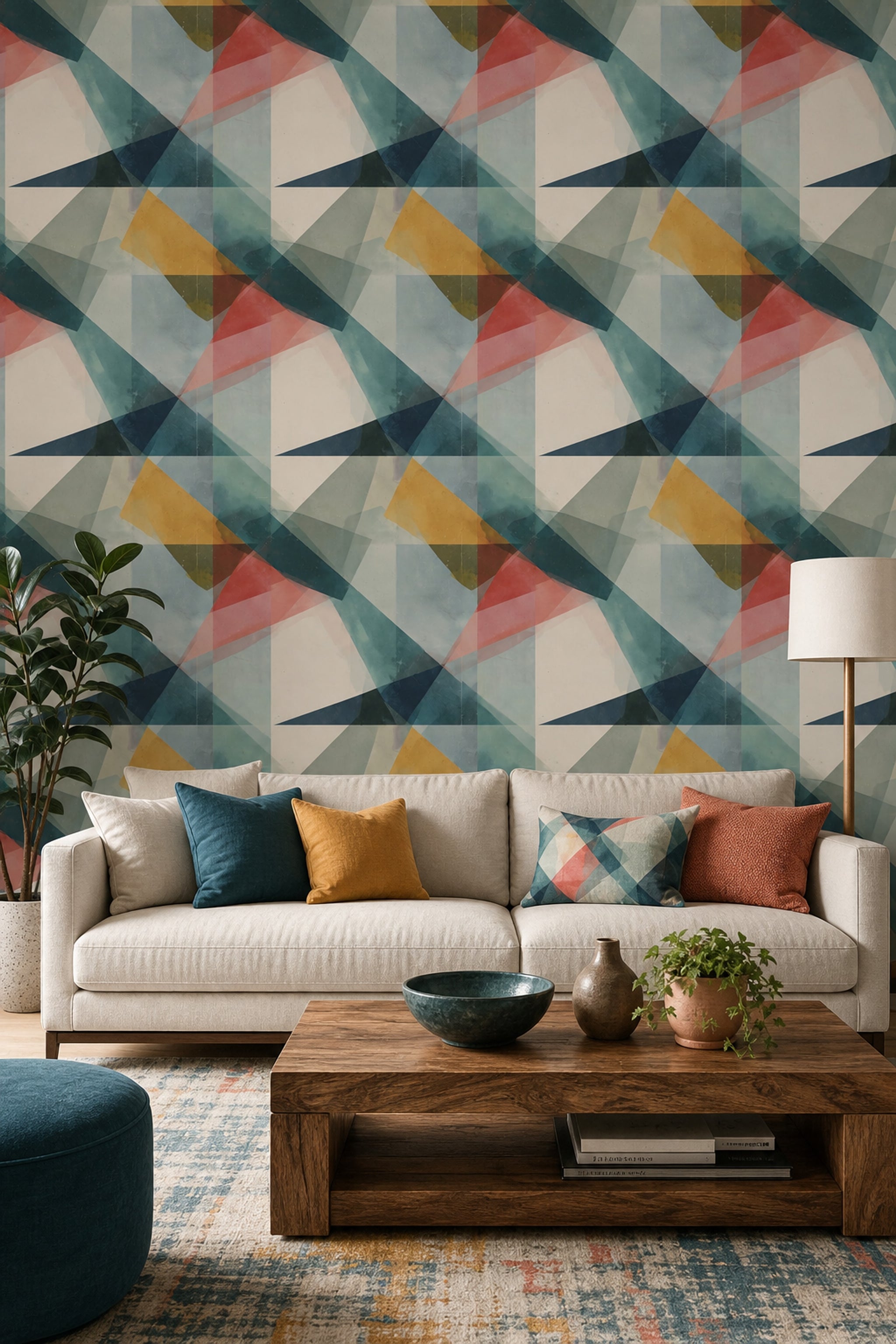 Soyut Geometrik Duvar Kağıdı Turkuaz Hardal Desenli Salon
