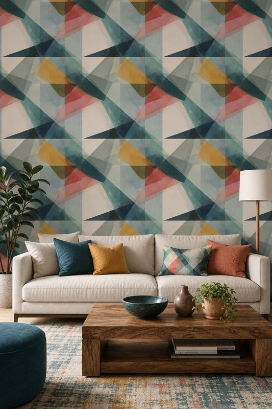 Soyut Geometrik Duvar Kağıdı Turkuaz Hardal Desenli Salon