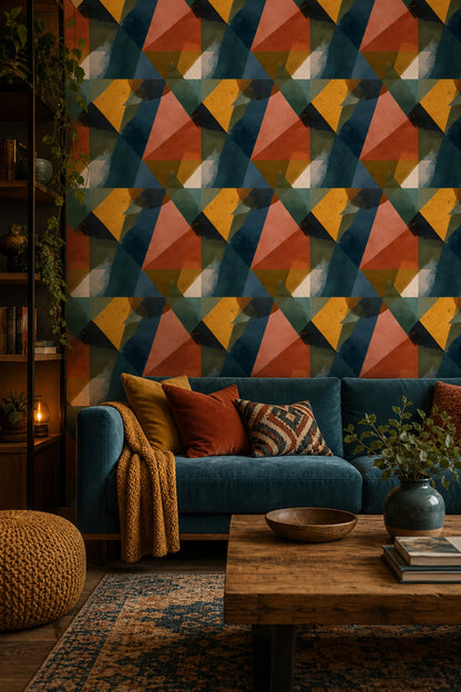 Renkli Üçgen Geometrik Duvar Kağıdı Lacivert Sarı Salon