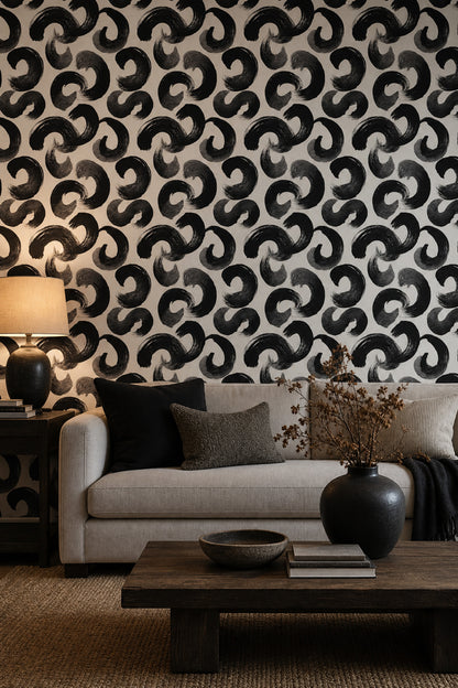 Siyah Fırça Darbeli Soyut Duvar Kağıdı Modern Salon