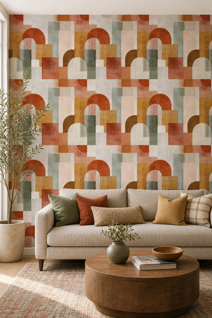 Renkli Geometrik Kemer Desenli Duvar Kağıdı Modern Salon