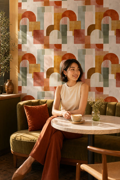 Renkli Geometrik Kemer Desenli Duvar Kağıdı Modern Salon