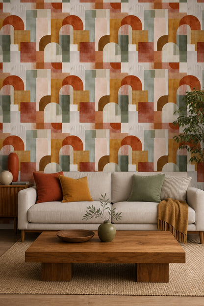 Renkli Geometrik Kemer Desenli Duvar Kağıdı Modern Salon