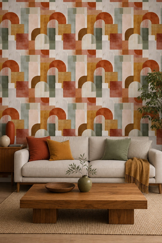 Renkli Geometrik Kemer Desenli Duvar Kağıdı Modern Salon
