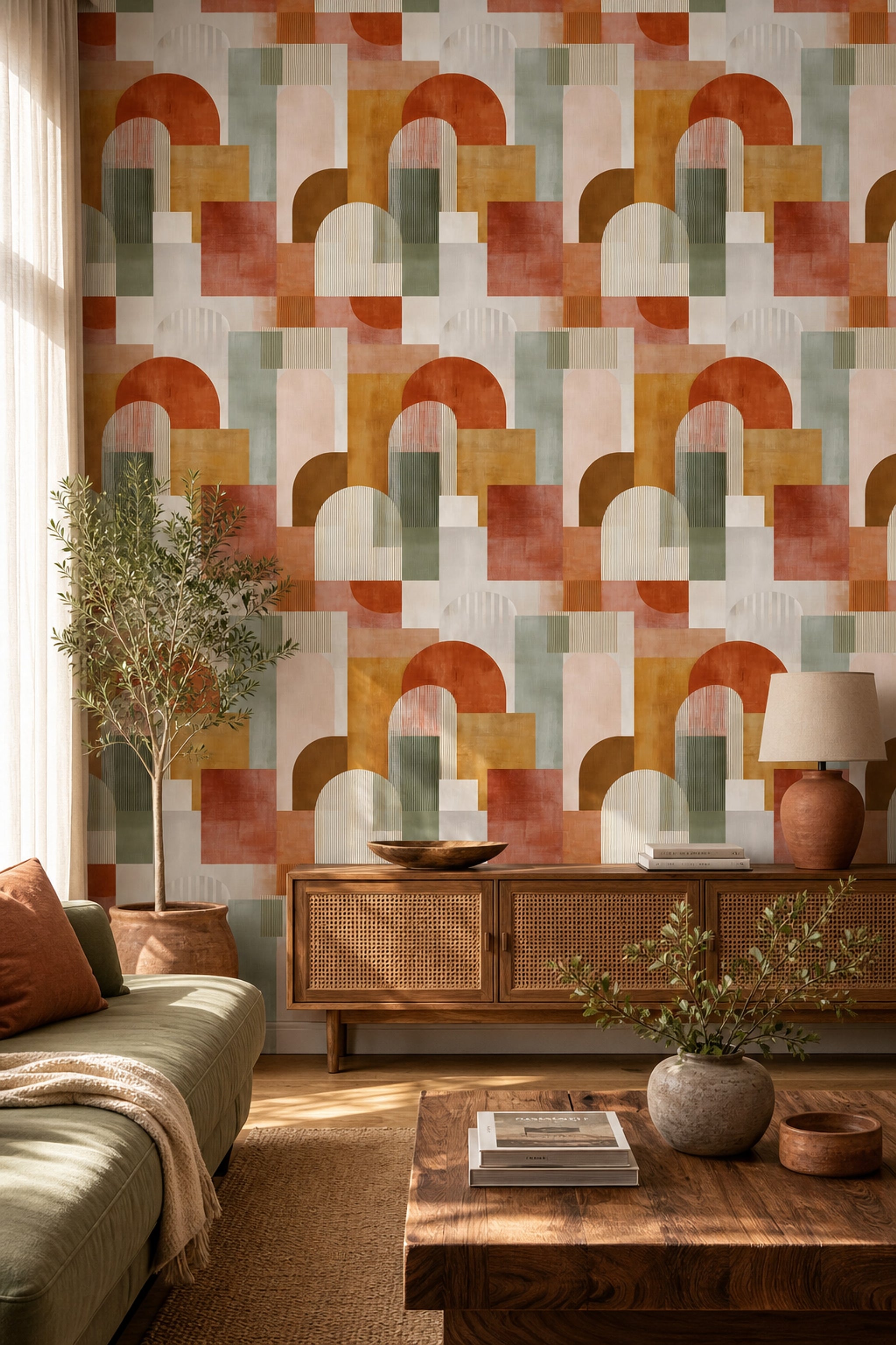 Renkli Geometrik Kemer Desenli Duvar Kağıdı Modern Salon