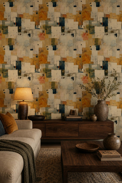 Soyut Kare Desenli Duvar Kağıdı Bej Sarı Salon